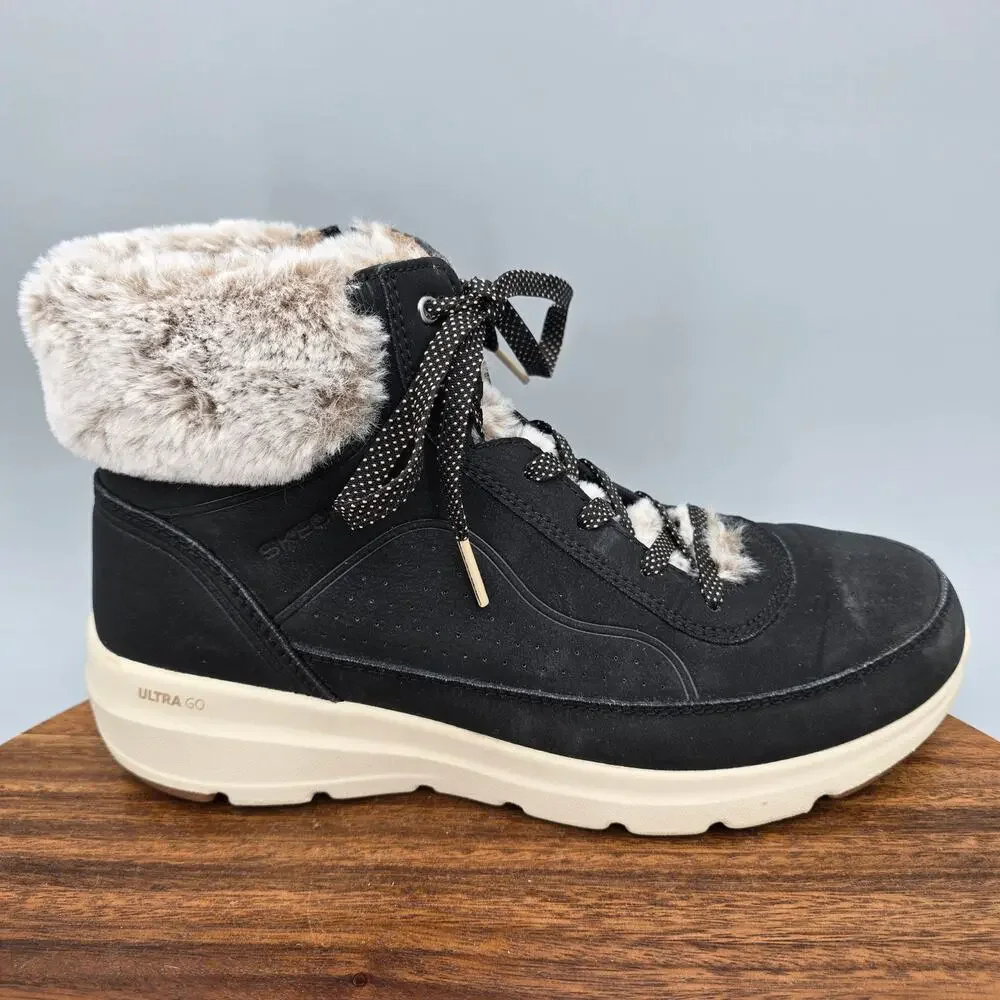 Skechers Boots Womens 9 Black Zip Lace Up Faux Fur Lined On The Go Ankle Booties